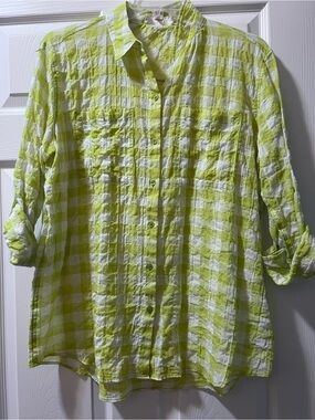 Michael Kors Green White Gingham Check Crinkle Button Up Shirt Roll Tab L